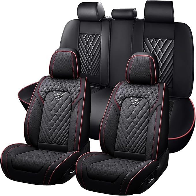 Truck Seat Covers for Chevy Silverado 3500 2007-2026, Waterproof Premium Leather Full Coverage Car Seat Cover, Muscle Sport Style Auto Interior Seat Cover Sets (Full Set/Black Red)