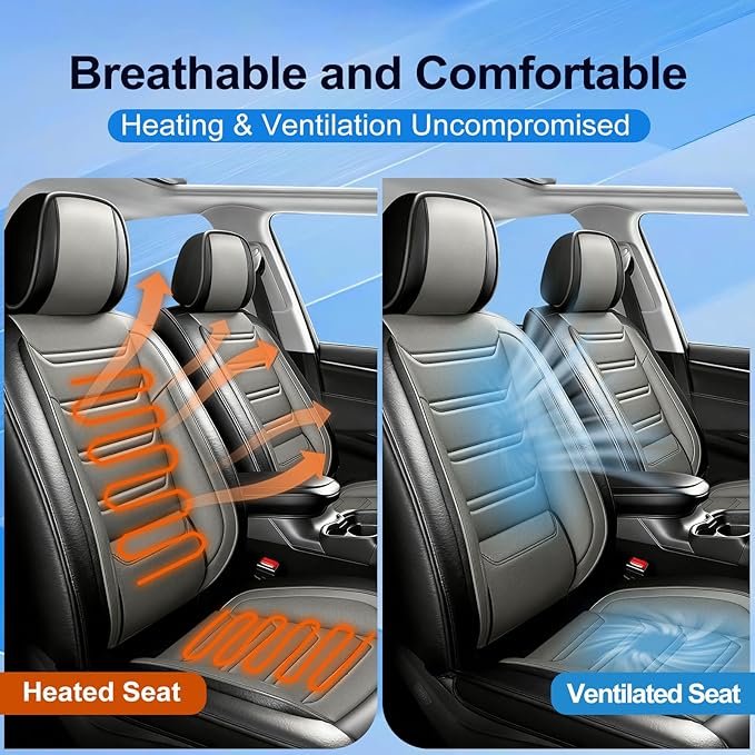 Fit Bolt Car Seat Covers for Select Chevrolet Bolt/Bolt EUV 2017-2025, Premium Full Coverage Leather, Airbag Compatible, Waterproof All Weather Seat Cushion Protector, Front Pair Black+Gray
