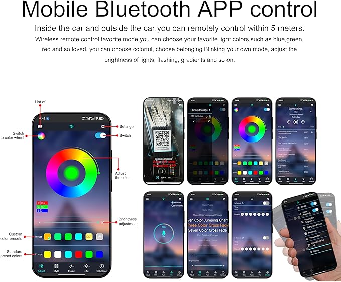 RGB Car Footwell Ambient Lighting Kit 16.7 Millions Colors Sound Active Music Sync APP Control DC Line Car Interior Multicolored Footwell Atmosphere Light