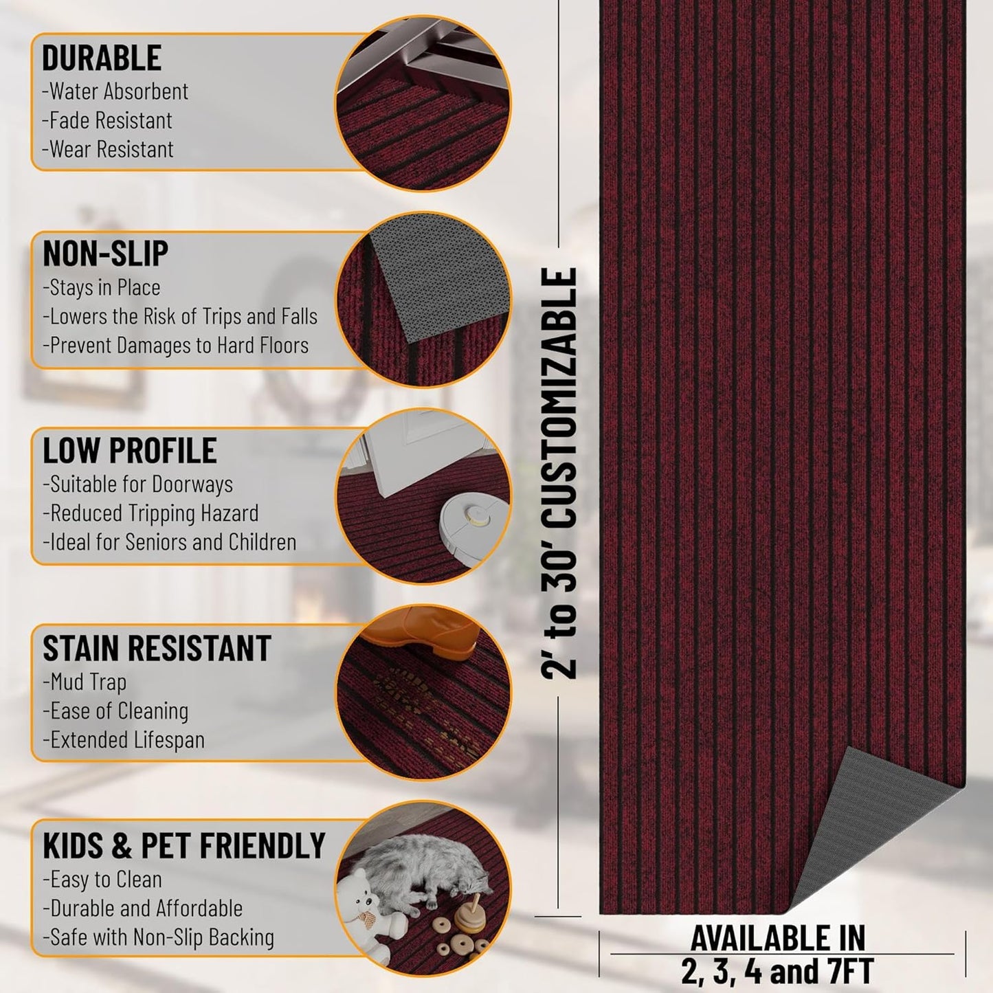 Ottomanson 2' x 5' Hallway Runner with Scraper Pile - Extra Durable Non-Slip Rug Mat for Indoor & Outdoor Use - Ideal for Kitchen, Entryway, Patio & Garage - High-Traffic Carpet, Red