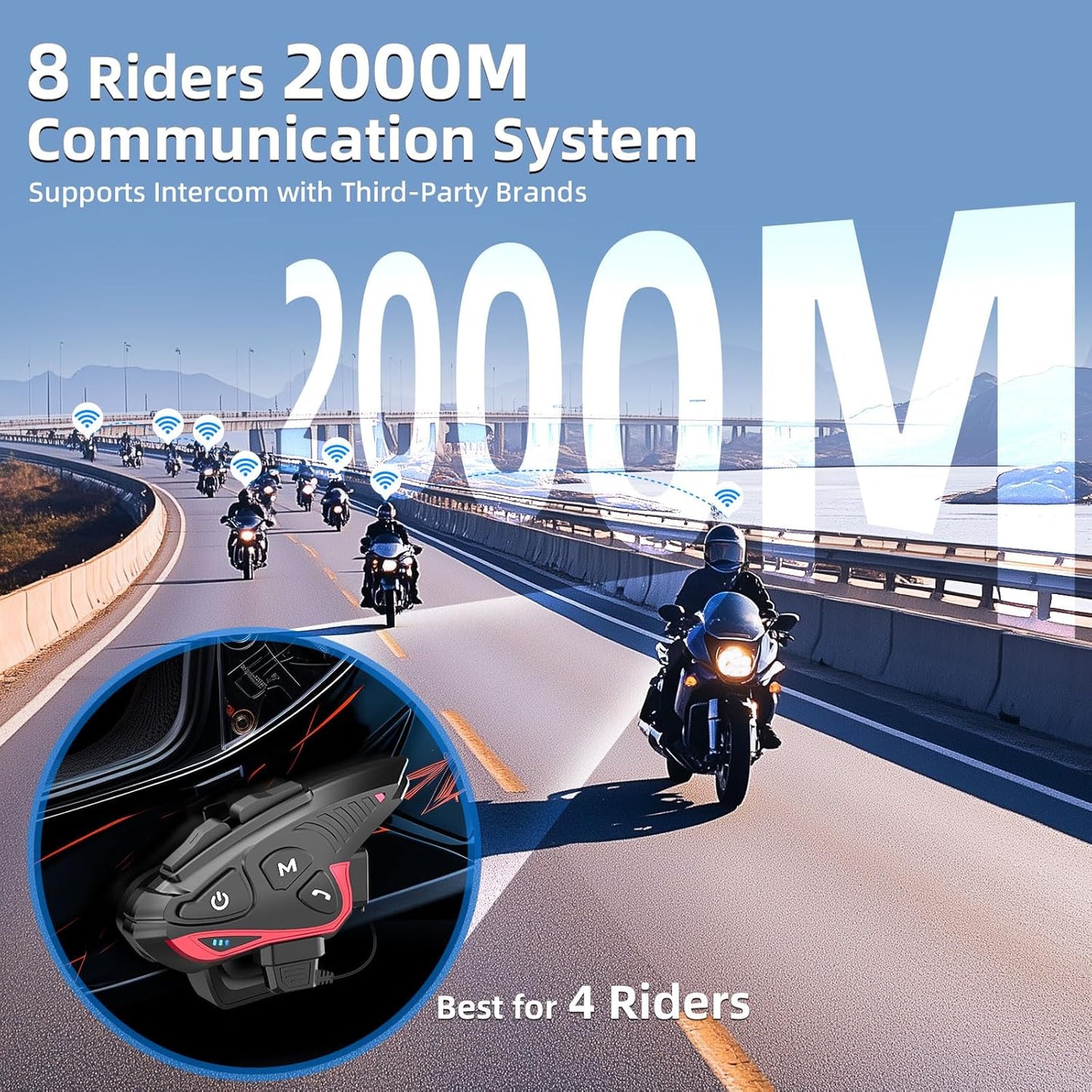 Moman Motorcycle Intercom Headset, CP-S 8 Riders 2000M Group Helmet Communication System, Universal Pairing with HiFi Noise Cancellation Music Share FM Radio Helmet Group Communicator for Motorbike