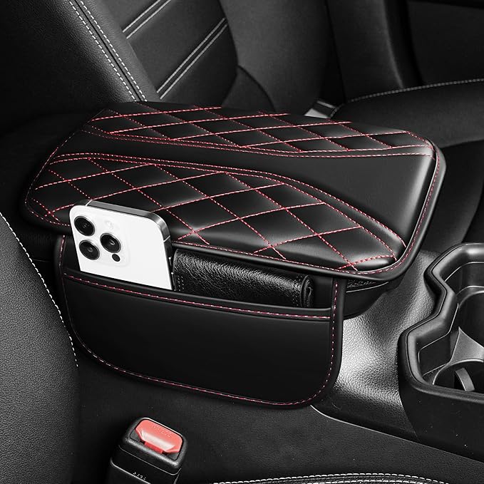 Car Center Console Cover Fit for Jeep Grand Cherokee - Leather Armrest Covers with 2 Storage Pockets(Black&Red)