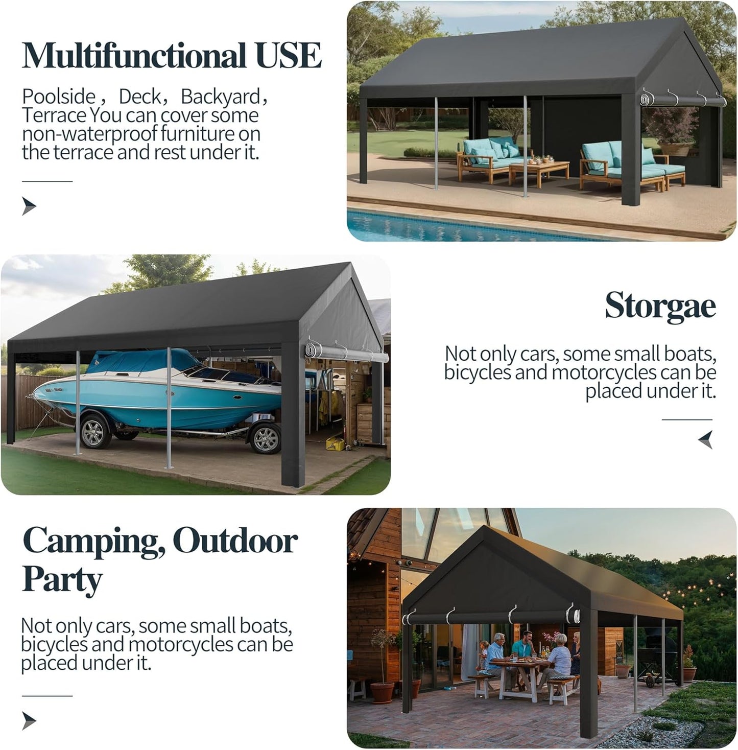 Shintenchi Carport 10' x 20' Heavy Duty Portable Garage, Carport Canopy with Side-Opening Door & Roll-Up Windows, Car Canopy for Truck,Car,Boat,Grey