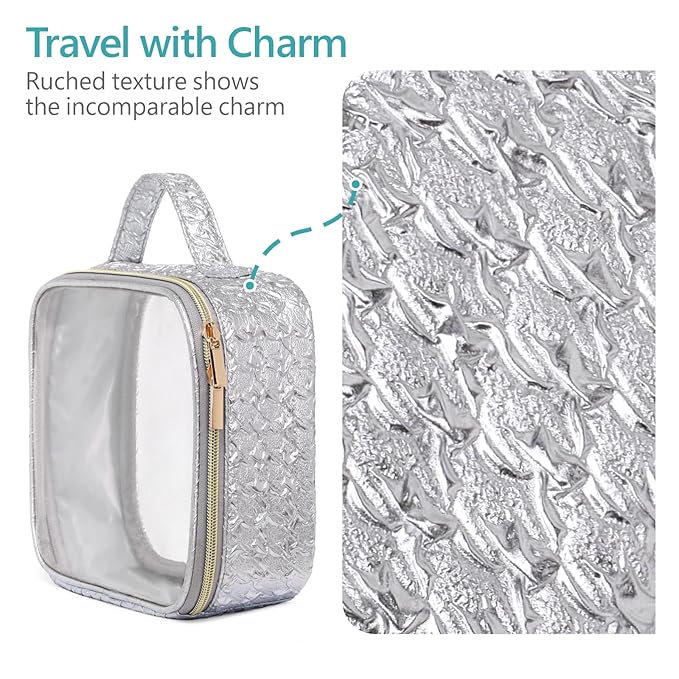 PACKISM TSA Approved Toiletry Bag - 3 Pack Ruched Textured Clear Makeup Bag, Metallic Silver, with 180° Large Opening and Supporting Frame, Perfect for Travel Essentials, Thick No Smell