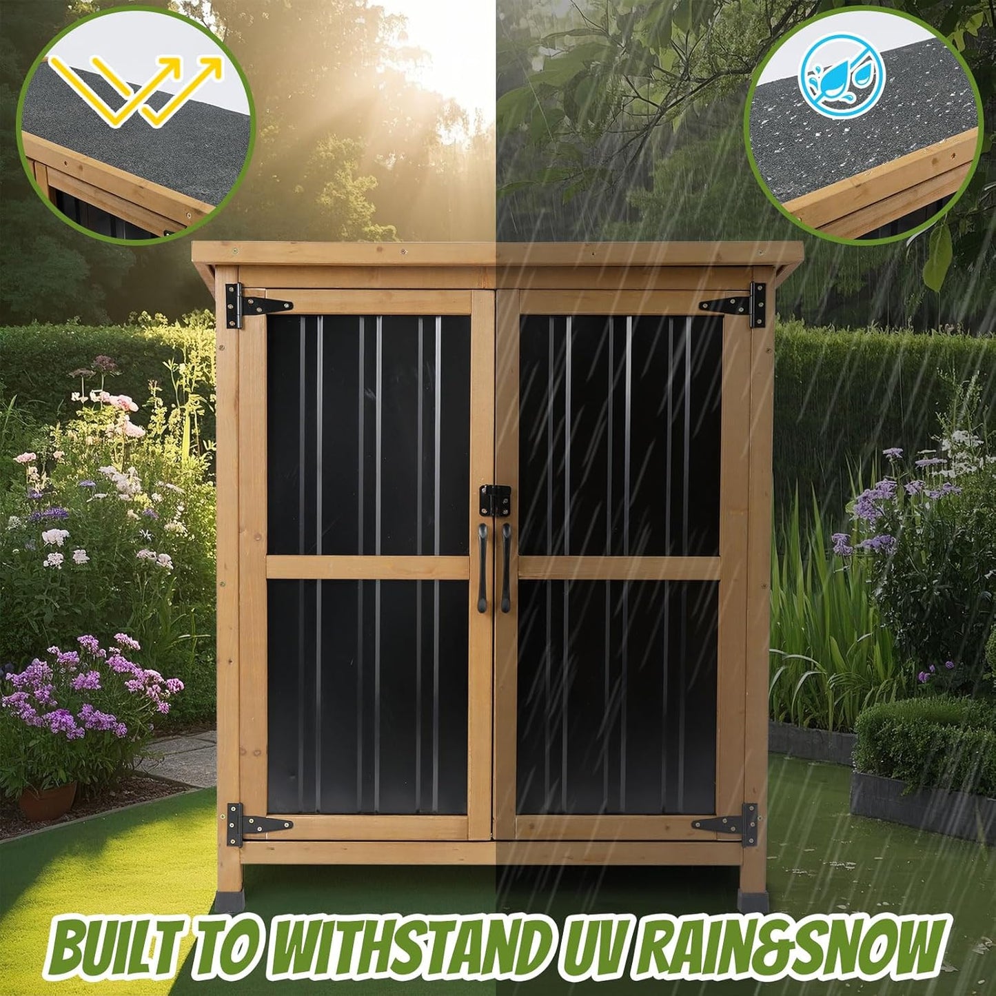 Outdoor Storage Cabinet, Small Wood & Metal Storage Shed with Lockable Doors & Adjustable Shelves, Vertical Outdoor Cabinets Weatherproof for Patio Backyard,Garden Tool Shed and Accessories, Brown