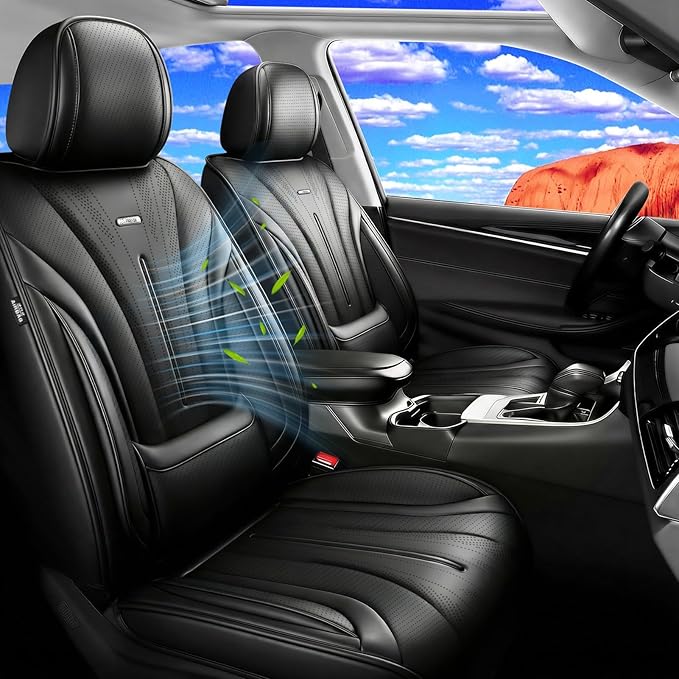 Fit HR-V Car Seat Covers (Front Pair) for Select Honda HRV 2016-2025 2026 LX/EX/EXL/Sport - Full Coverage Leather, Airbag Compatible, Breathable Waterproof & All Weather Seat Protector, Black