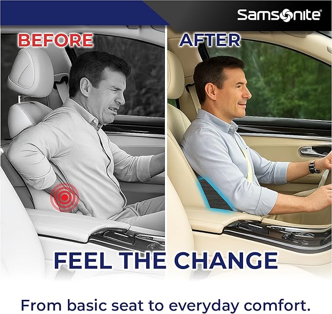 Samsonite Ergonomic Lumbar Support Pillow for Office Chair and Car Seat - Memory Foam Back Support Lumbar Pillow Premium Cushion Chair Support for Lower Back Pain Relief and Versatile Use (Slate Grey)