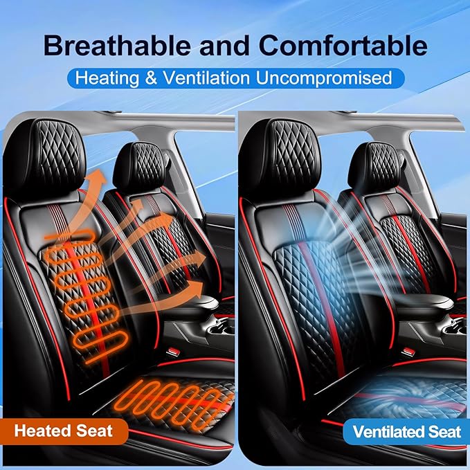 Car Seat Covers (Front Pair) for Select Honda Fit 2007-2020 - Premium Full Coverage Leather, Airbag Compatible & Scratch-Resistant, Waterproof & All Weather Seat Protector, Red Trim