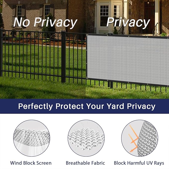 Windscreen4less Privacy Fence Screen Heavy Duty Windscreen Fencing Mesh Fabric Shade Net Cover with Brass Grommtes for Outdoor Wall Garden Yard Pool Deck, 8'x118' Light Gray