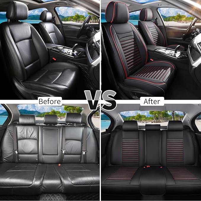 Truck Seat Covers Full Set Fit for Toyota Tacoma 2001-2026, Premium Faux Leather Car Seat Protector,Breathable Anti-Slip Full Wrapping Edge Seat Covers(Black&Red,Full Set)