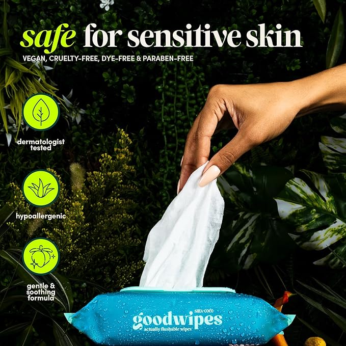 goodwipes Flushable Butt Wipes - Vitamin E & Aloe - Sewer & Septic Safe - Extra Large Adult Wet Wipes For Women & Men - Bathroom Essentials - Cedar, 418 Count (8 Packs + 1 Travel)