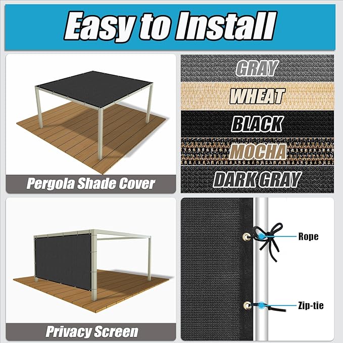 Amagenix 90% Pergola Shade Cover 20'X 20' Dark Gray Sun Shade Cloth with Grommets for Outdoor Garden Patio Porch-Commercial Grade 200 GSM-Cable Zip Ties Included (We Customized)