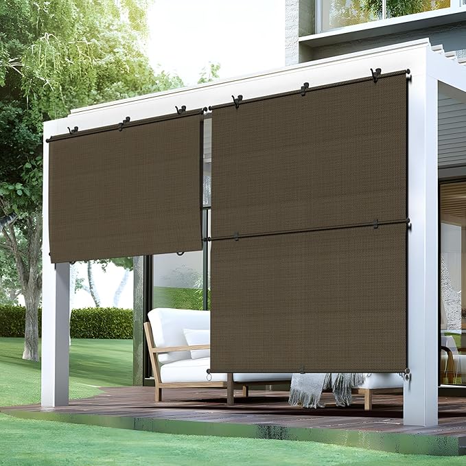 Bynbbur 5'W x 13.5'H Outdoor Patio Shades Foldable Roller Blinds, 220 GSM Sun Shade Roll Up Porch Screens Exterior Shade Cloth for Deck Pergola Backyard, Brown