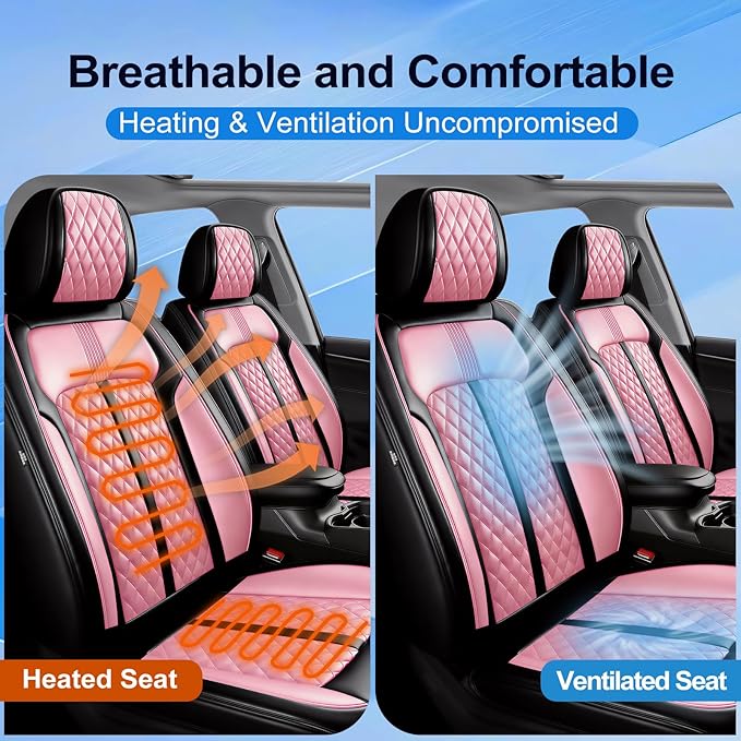 Fit Impala Car Seat Covers for Chevrolet/Chevy Impala 2000-2020, Premium Full Coverage Leather, Airbag Compatible, Waterproof All Weather Breathable Seat Protector, Front Pair Black+Pink
