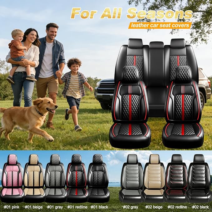 Fit Equinox Car Seat Covers for Select Chevrolet/Chevy Equinox 2007-2026, Premium Full Coverage Leather, Airbag Compatible, Waterproof All Weather Seat Cushion Protector, Full Set,Red Trim