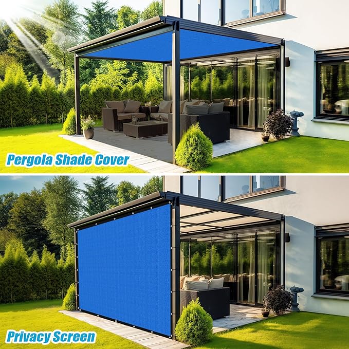 Amagenix 90% Pergola Shade Cover 7' X 10' Sun Shade Cloth with Grommets for Outdoor Garden Patio Porch, Commercial Grade 200 GSM - Cable Zip Ties Included (We Customized) GN108, Blue