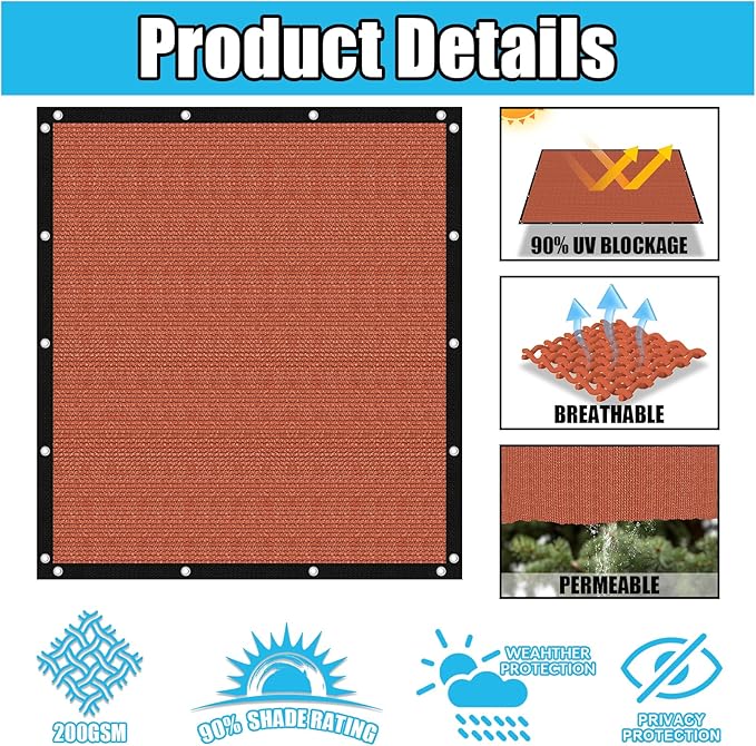 Amagenix 90% Pergola Shade Cover 7' X 16' Sun Shade Cloth with Grommets for Outdoor Garden Patio Porch, Commercial Grade 200 GSM - Cable Zip Ties Included (We Customized) GN108, Rust Red