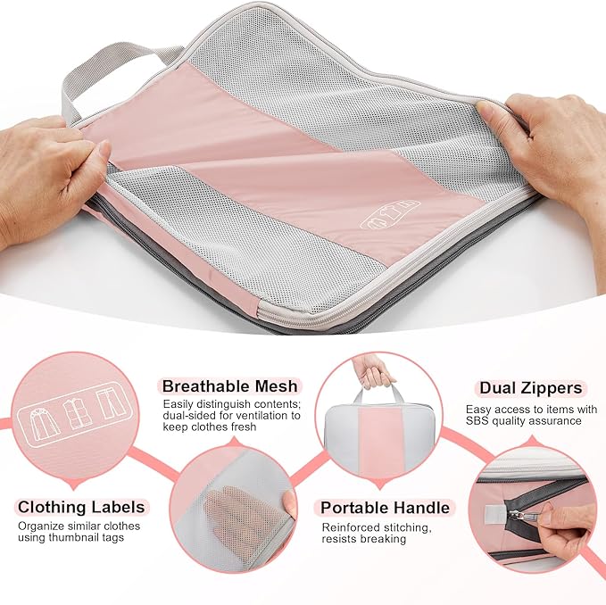 8 Set Compression Packing Cubes for Travel Essentials,Compressible Expandable Packing Cubes for Suitcase,OlarHike Luggage Organizer Bags for Travel,Handy Helper for Organizing Clothes(Pink)
