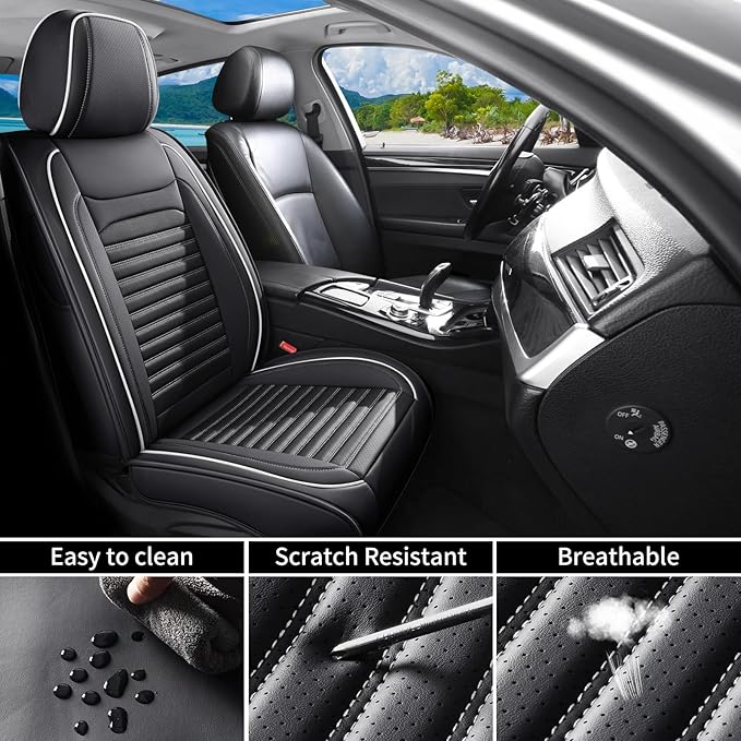 Car Seat Covers Full Set Fit for Toyota Yaris 2007-2020, Premium Faux Leather Car Seat Protector, Breathable, Anti-Slip, Comfortable & Durable (Black&White,Full Set)
