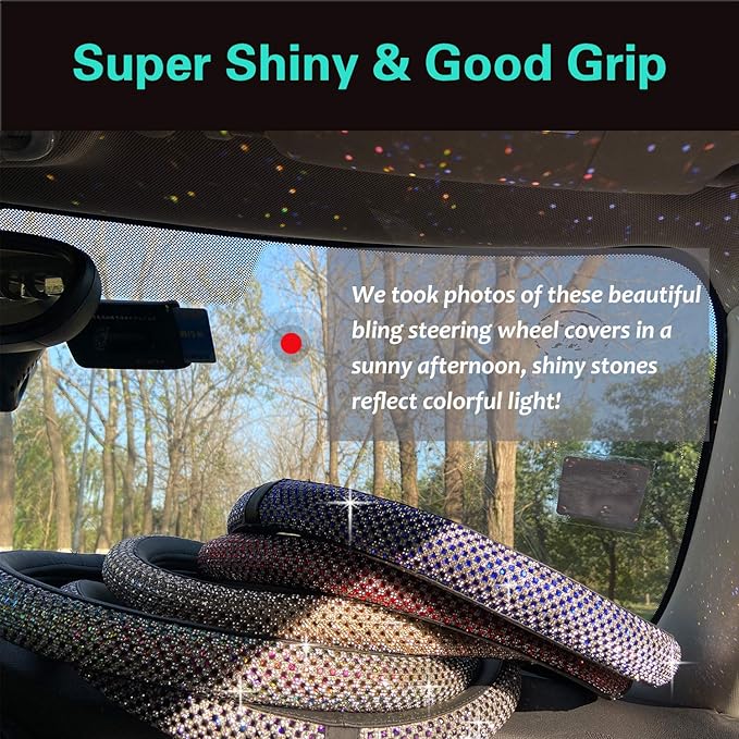 PINCTROT Large Size Bling Comfy Steering Wheel Cover with Jumbo Crystal Rhinestones, Anti-Slip Diamond Leather, 15.5-15.75 Inch (Blue)