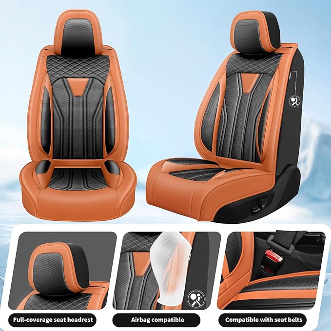 Fit Juke Car Seat Covers Compatible with Nissan Juke 2012-2015 2016 - Full Set Premium Leather， Waterproof Breathable， All-Weather Seat Cushion Protecto&Airbag Compatible （Orange&Black