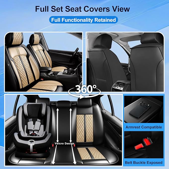 Fit CX-7 Car Seat Covers for Mazda CX7 2006-2012, Full Coverage Leather, Airbag Compatible & Scratch-Resistant, Waterproof All Weather Seat Protector, Full Set, Black+Beige
