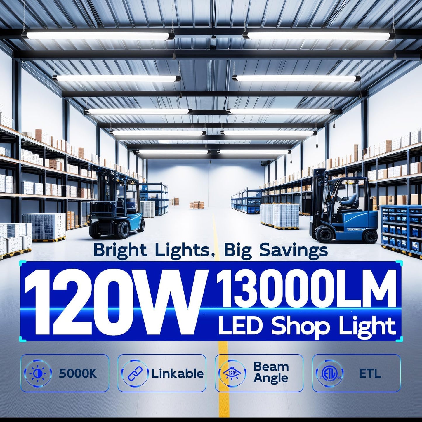 hykolity 4FT 120W LED Shop Light Linkable, 13000lm(400w Equivalent), 5000K Utility Shop Lights for Garages, Workshops, Basements, Hanging or FlushMount, Power Cord and Pull Chain, ETL, Black, 2 Pack