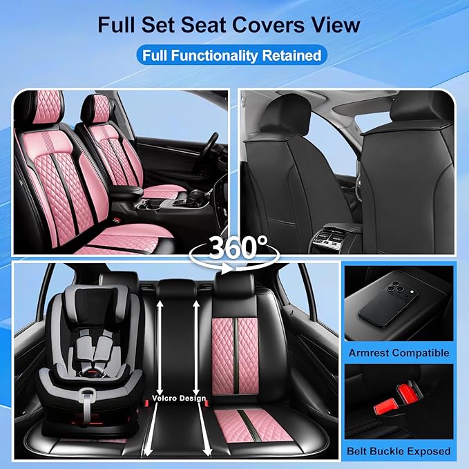 Fit CX-50 Car Seat Covers for Select Mazda CX50 2023-2026, Full Coverage Leather, Airbag Compatible, Luxury Waterproof All Weather Seat Protector, Full Set, Black+Pink