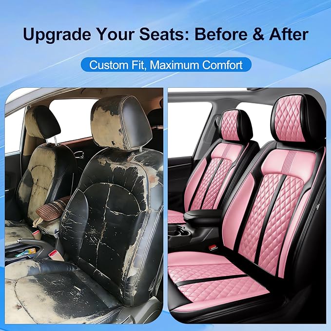 Fit Bolt Car Seat Covers for Select Chevrolet Bolt/Bolt EUV 2017-2025, Premium Full Coverage Leather, Airbag Compatible, Waterproof All Weather Seat Cushion Protector, Front Pair Black+Pink