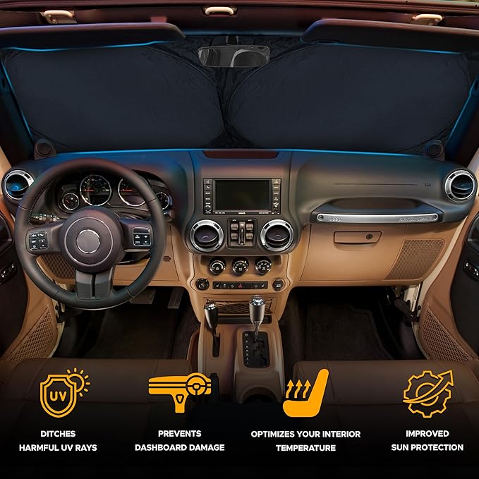 EcoNour Jeep Windshield Sunshade | Sun Visor for UV Rays & Heat Protection | Suitable for Wrangler, Gladiator | Jeep Accessories for Wrangler | X-Small - 60x21 Inches
