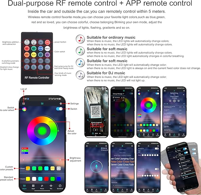 Car Interior Strip Lights, 2 in 1 Multicolor RGB Car Ambient Lighting Kit, 3m Fiber Optic EL Neon Tube Light, DIY Mode Music Sync RF Remote Control + APP Control DC 12V