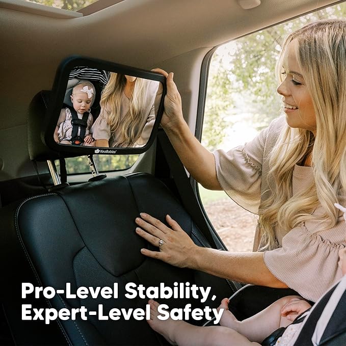 KeaBabies Shatterproof Baby Car Mirror, Backseat - Large Safety Car Seat Mirror for Baby Rear Facing, 360 Crystal Clear View, Accessories for Removable Headrest, Easy Install & Adjust (Sleek Black)
