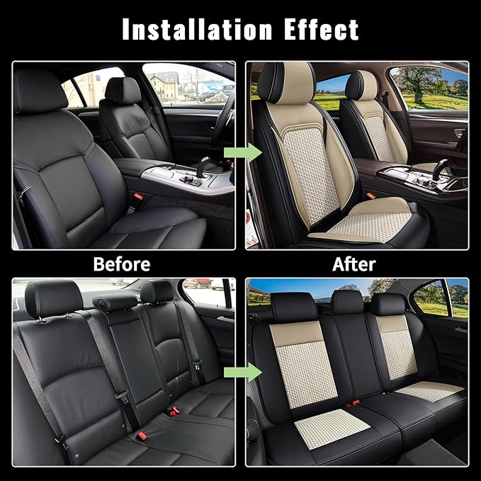 Car Seat Covers Full Set for Honda Pilot 2005-2016: Breathable Cool Ice Silk Leather Seat Covers (Black & Beige)