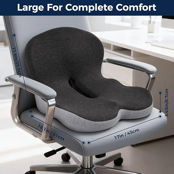 Seat Cushion, Office Chair Seat Cushions for Office Chair with L-Shaped Ergonomic Design, Memory Foam Chair Cushion for Long Sitting Office Worker(Black Gray)