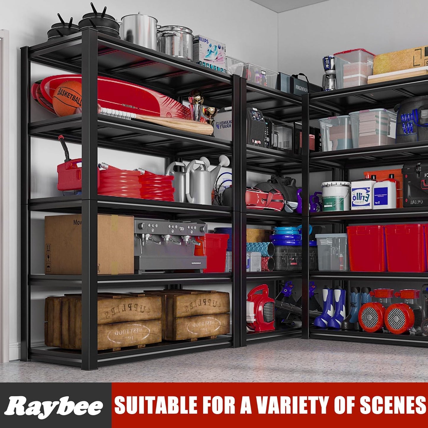 Raybee 5-Tier Industrial Heavy Duty Storage Shelving, 32" W x 16.5" D x 63" H, Black Metal Garage Shelving, 2000LBS Capacity