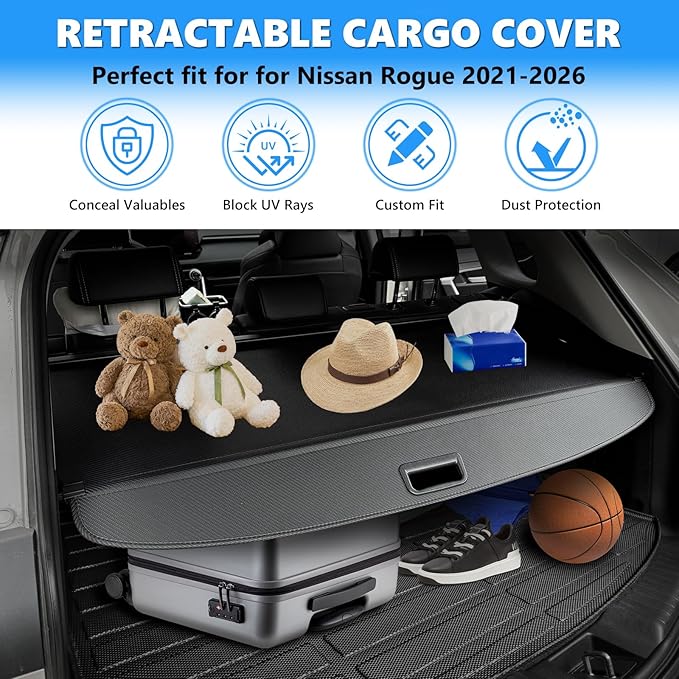 MIALUTY® Cargo Cover for 2021-2026 Nissan Rogue (Not Rogue Select and Sport) Retractable Trunk Cover Rogue Accessories Anti-Peeping Privacy Screen,Trunk Luggage Shield Shade Carbon Fiber Texture