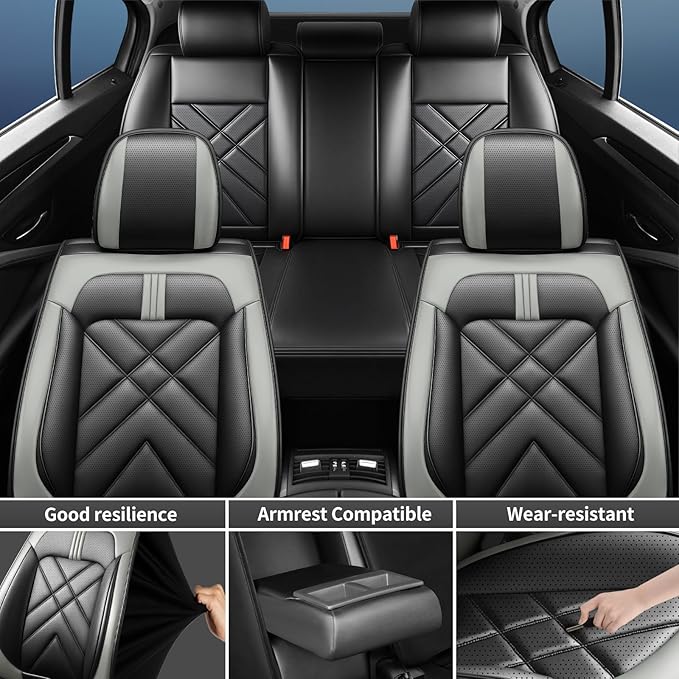 Car Seat Covers Fit for Mazda 3 2007-2026, Premium Leather, Full Coverage Leather Waterproof Breathable Seat Covers, Automotive Seat Protectors, Airbag Compatible(2 Front Seats, Black Gray)