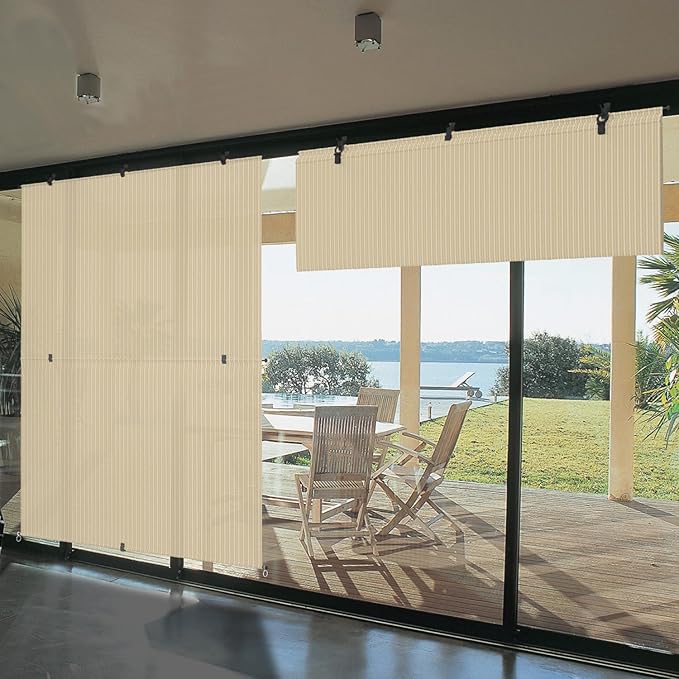 Bynbbur 4'W x 12'H Outdoor Patio Shades Foldable Roller Blinds, 220 GSM Sun Shade Roll Up Porch Screens Exterior Shade Cloth for Deck Pergola Backyard, Beige