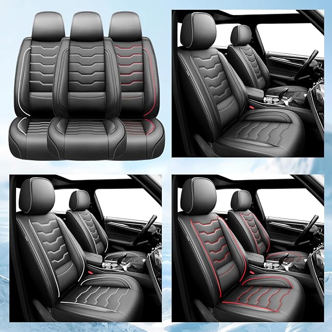 Fit Kona Car Seat Covers for Select Hyundai Kona 2018-2025 2026. Premium Leather, Waterproof， Breathable, Scratch-Resistant & All-Weather Seat Cushion Protector (Front Pair,Red Line Black)