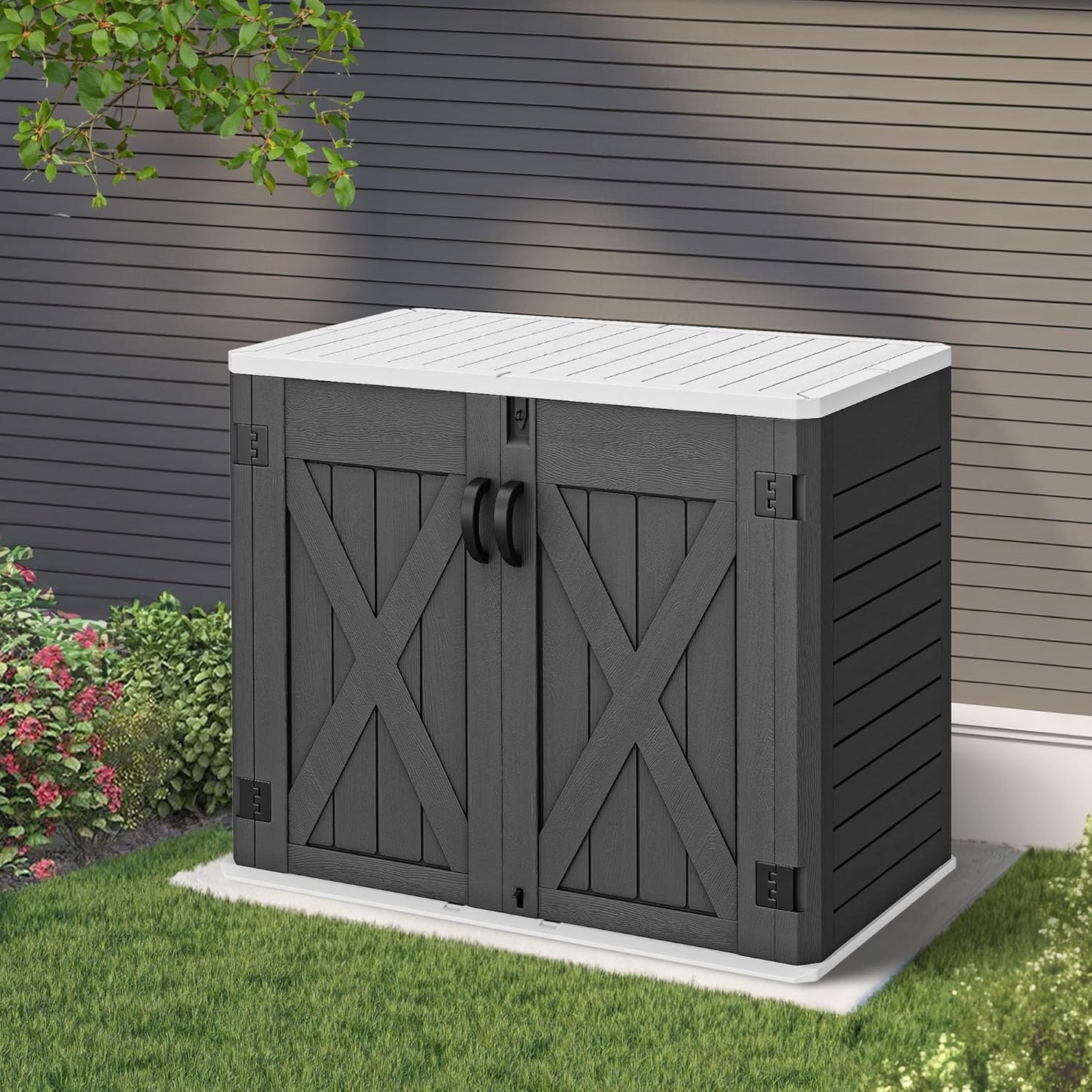 YITAHOME Outdoor Resin Storage Sheds with X-Shaped Lockable Door, 39 in Height Lockable Waterproof Horizontal Shed w/o Shelf, Easy to Assemble Shed Storage for Garden Tools, Dark Gray