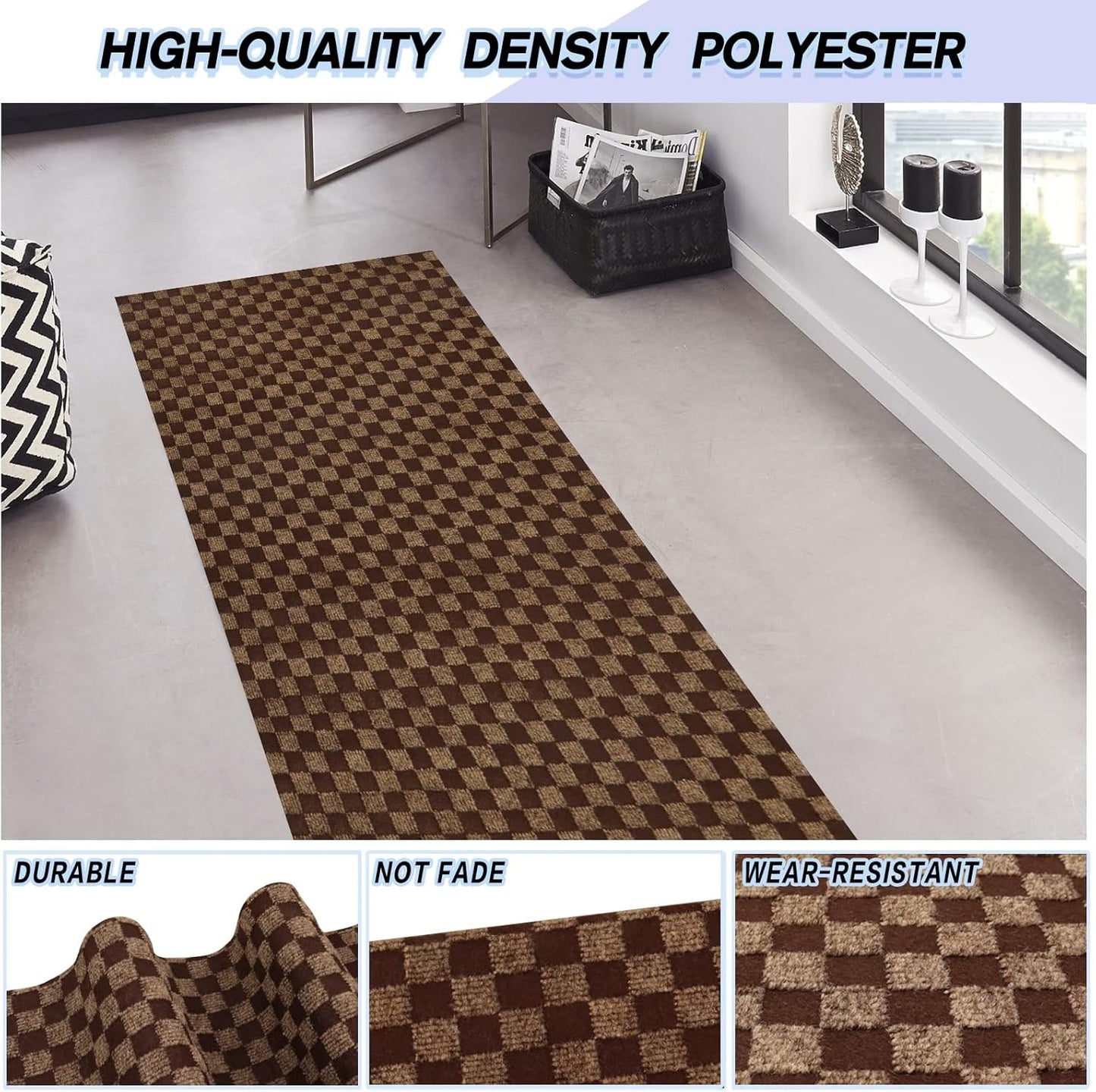Custom Size Backed Non-Slip Area Rugs Runner, Easy Clean, Waterproof Runner Rugs for Hallway Entryway, Kitchen, Laundry, 2FT x 4FT, Brown Checkered