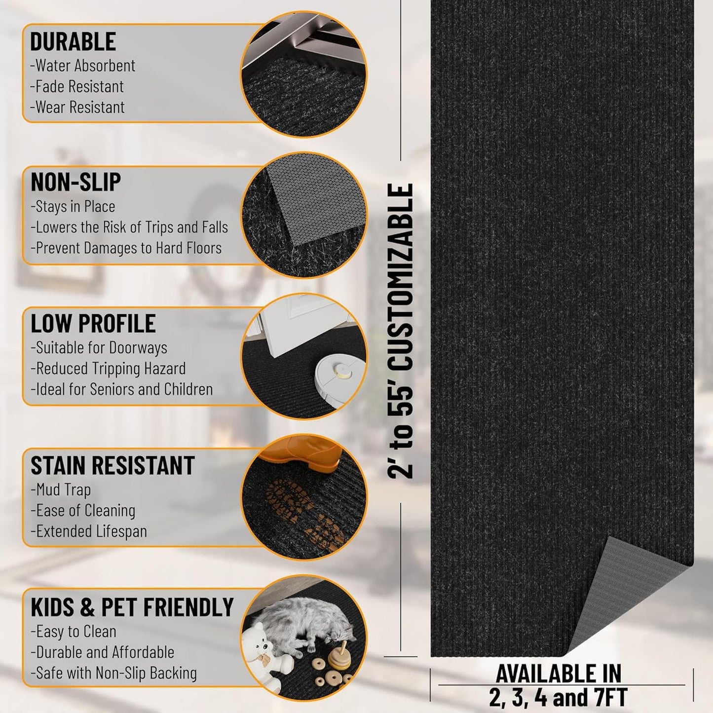 Ottomanson 2' x 27' Hallway Runner with Scraper Pile Extra Durable Non-Slip Rug Mat for Indoor & Outdoor Use - Ideal for Kitchen, Entryway, Patio & Garage - High-Traffic Carpet, Black