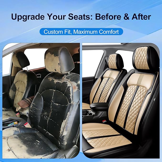 Fit RAV4 Car Seat Covers for Select Toyota RAV 4 2013-2026/RAV4 Hybrid - Premium Full Coverage Leather, Airbag Compatible, Waterproof & All Weather Seat Protector, Front Pair Black+Beige