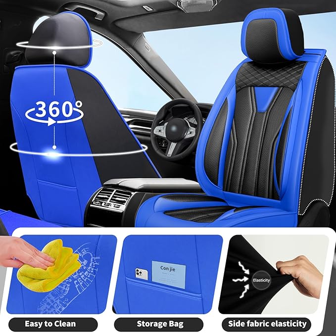 Fit Kicks Car Seat Covers， Compatible with Nissan Kicks 2018-2026 -Premium Leather, Waterproof Breathable All-Weather Seat Cushion Protector Airbag Compatible（2 Seats Front Pair，Blue & Black