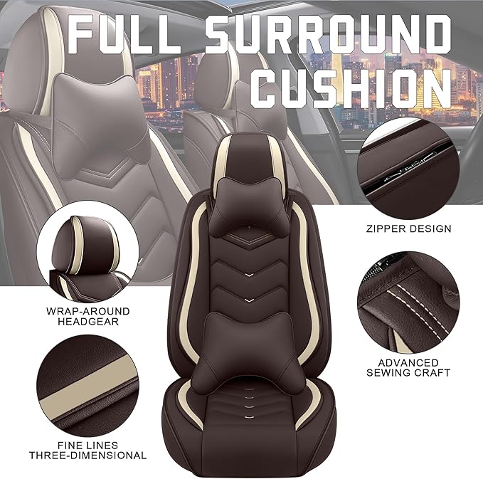 CTDS Car Seat Covers for Hyundai Kona 2018-2026, Stylish Sport Seat Cover, Premium Nappa Leather Car Seat Cover. Automobile Seat Covers Sets.(Luxury 2 Seats/Coffee Color)