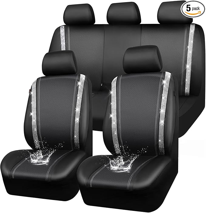 CAR PASS Bling Diamond Car Seat Covers Full Set, Shining Rhinestone Waterproof Faux Leather, Rear with Zipper, Universal Fit Automotive Glitter Crystal Sparkle Strips for Cute Women Girl, Silver