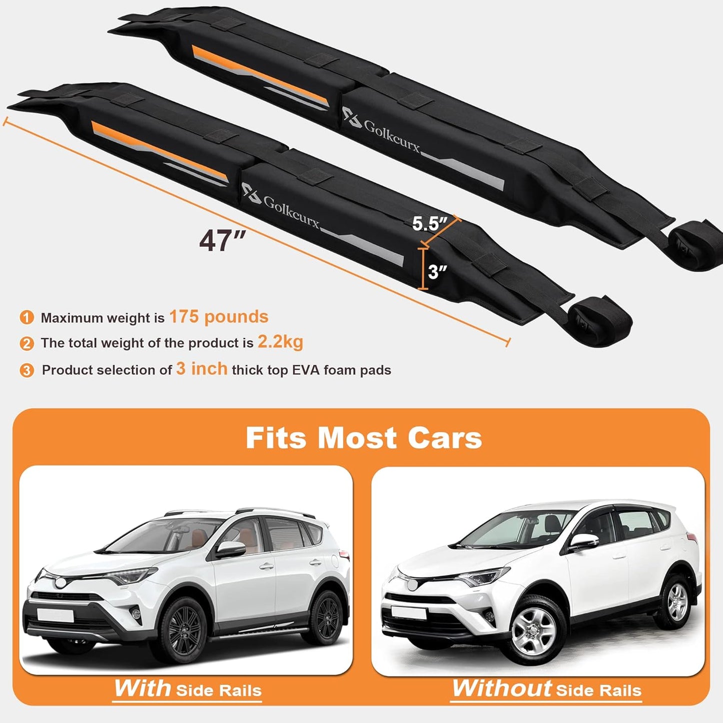 Golkcurx Universal Soft Roof Rack Pads for Kayak,Surfboard, SUP, Canoe, Snowboard with15FT Tie-Down Straps*2 and Storage Bag*1 (Black)