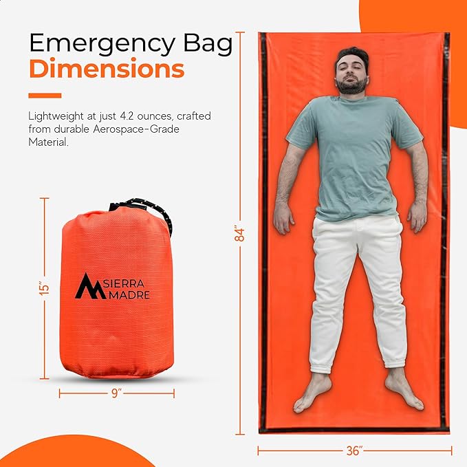 Sierra Madre Emergency Sleeping Bag – Ultralight, Waterproof Mylar Thermal Bivy Sack Tent for Hiking, Bug-Out Bags, Survival Kits