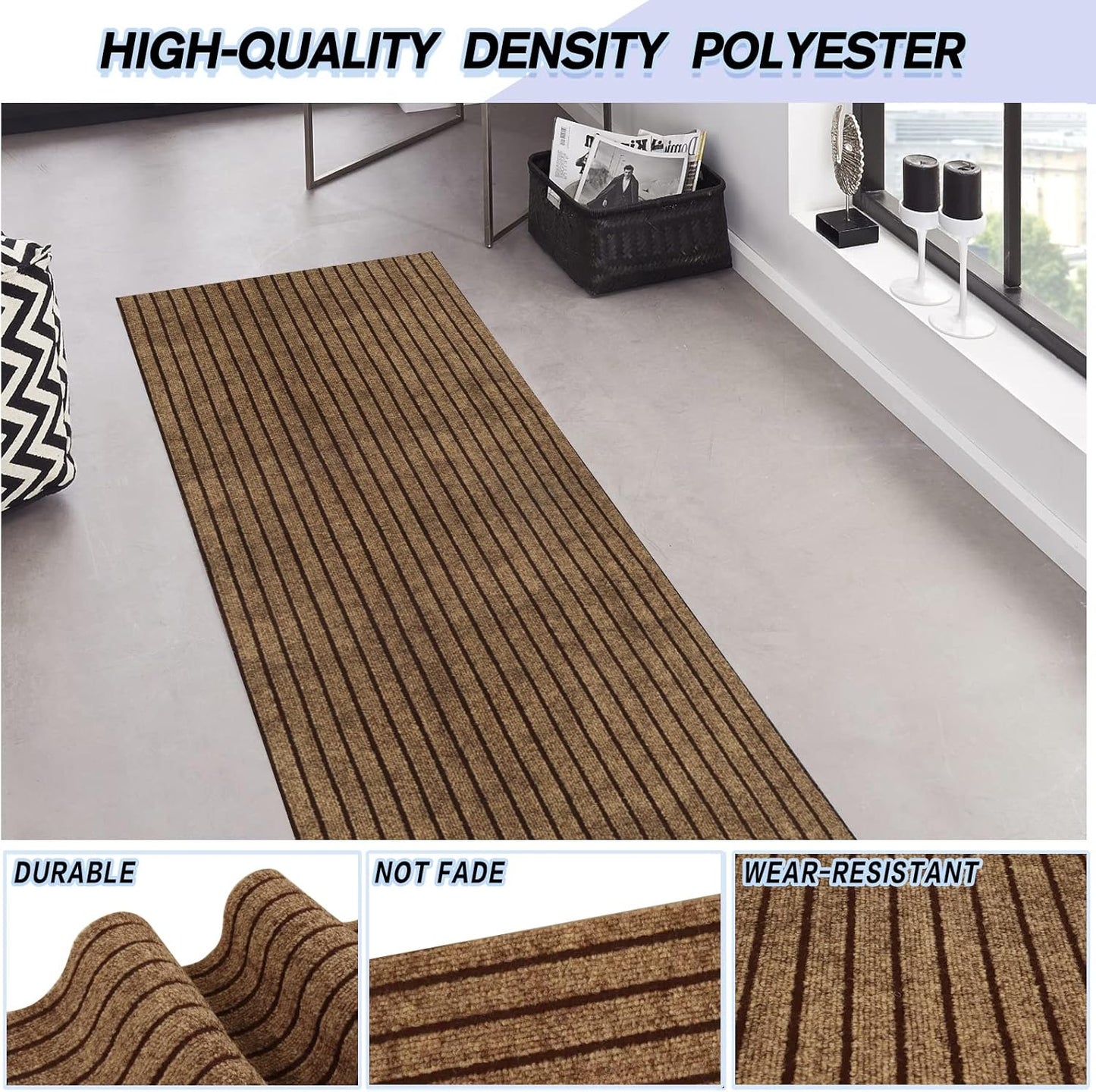 Custom Size Backed Non-Slip Area Rugs Runner, Easy Clean, Waterproof Runner Rugs for Hallway Entryway, Kitchen, Laundry, 2FT x 70FT, Brown Stripe