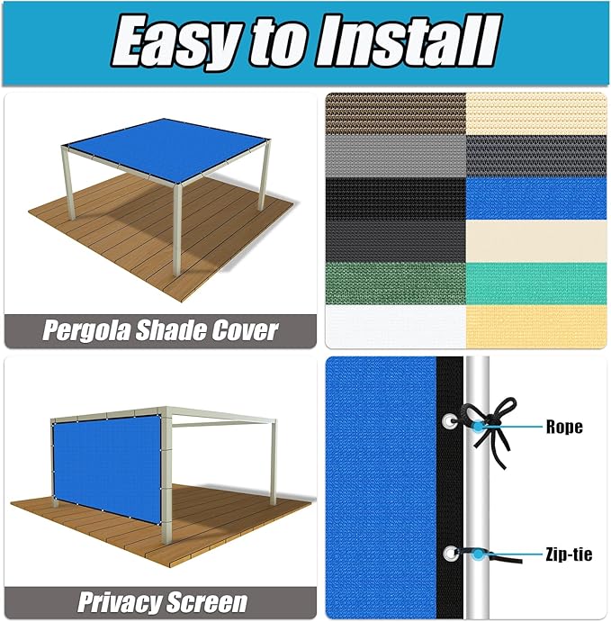 Amagenix 90% Pergola Shade Cover 7' X 11' Sun Shade Cloth with Grommets for Outdoor Garden Patio Porch, Commercial Grade 200 GSM - Cable Zip Ties Included (We Customized) GN108, Blue